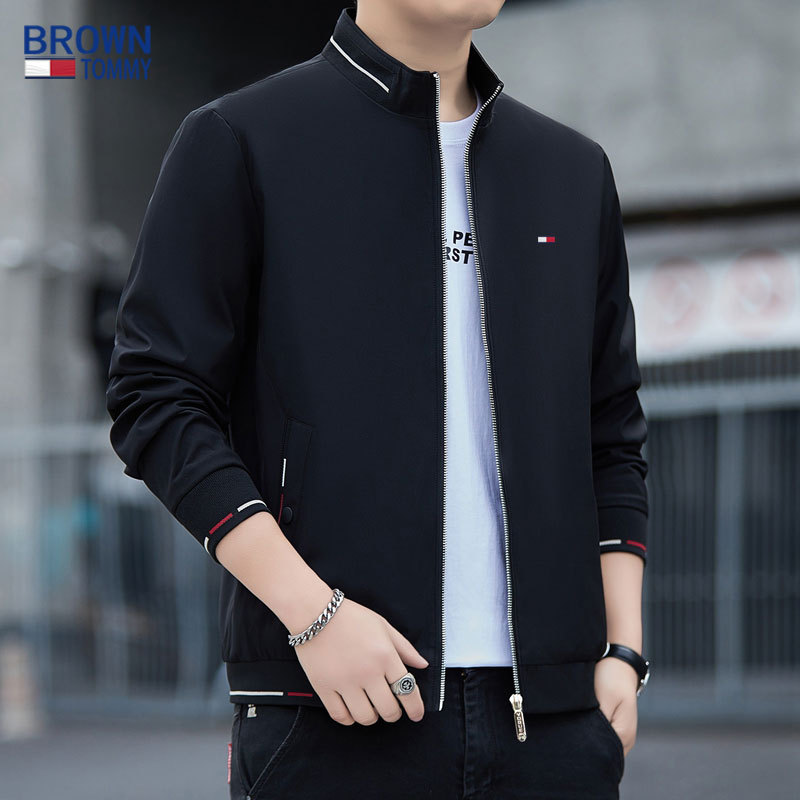 Brown Tommy Large Size Spring/Summer/Autumn Thin Jacket for Men with Stand Collar Slim Fit for Big and Tall Individuals