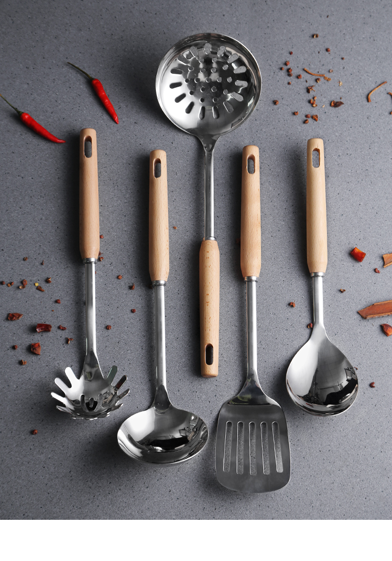 Thắp một tay cầm bằng gỗ 304 inox thìa nhà bếp nhiệt độ cao chống dính chảo rán phở thìa thìa cơm - Phòng bếp chao chong dinh