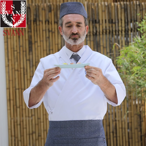 Японские повара кимоно, седьмой рукав чистый белый лацкат зеленый фруктовый воротник Приготовление суши 鮨 Магазин Sashimi Shop Work Old