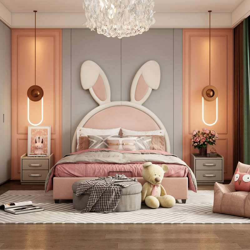 Custom Solid Wood Cartoon Net Red Rabbit Ears Children's Bed Girl Princess Bed Small Bunny Bed Linen Bed Soft Foreskin Bed