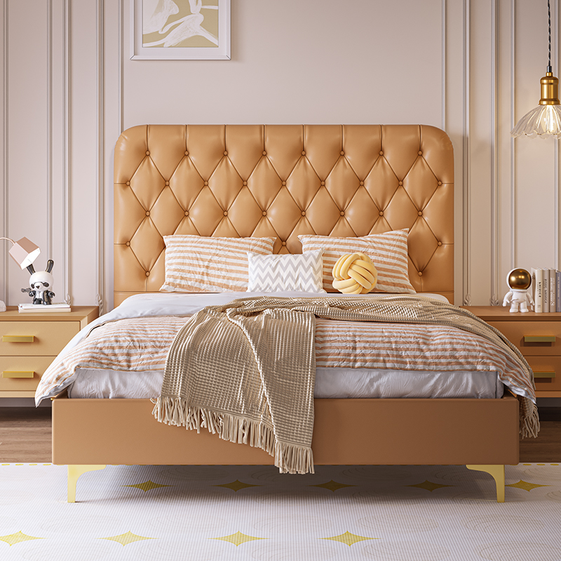 French light luxury children's bed boy bedroom 1 5M single bed custom leather soft bag bed leather art bed teenager bed