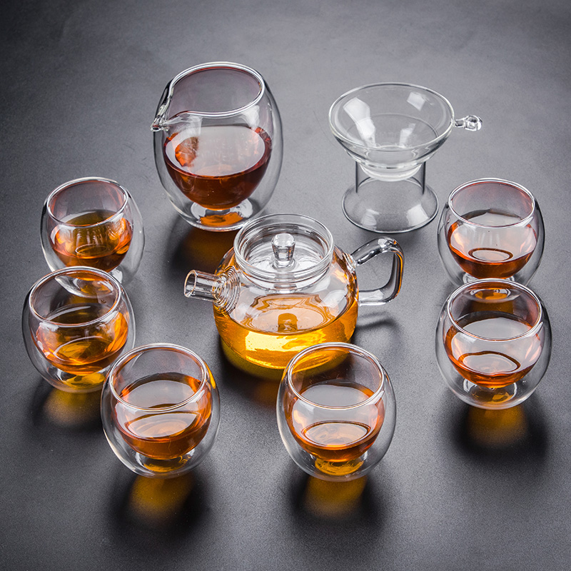 Transparent glass tea set with household Japanese contracted kung fu tea tray cup double teapot tea hot