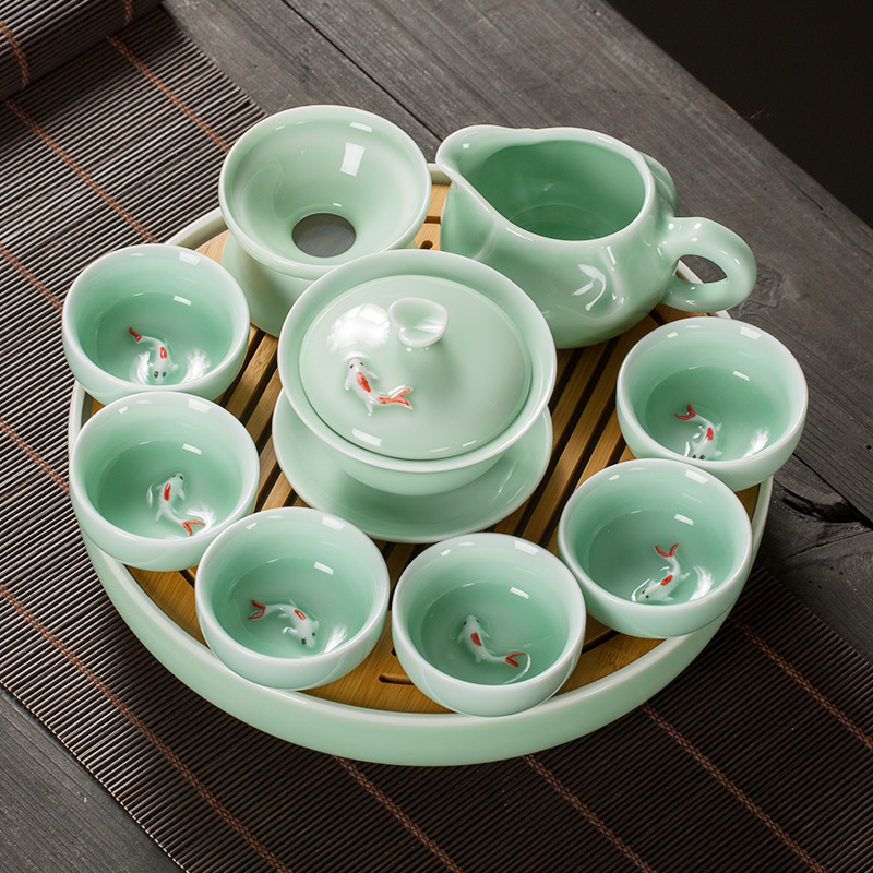 Celadon kung fu tea set tea tray household contracted noggin carp to use ceramic teapot automatically