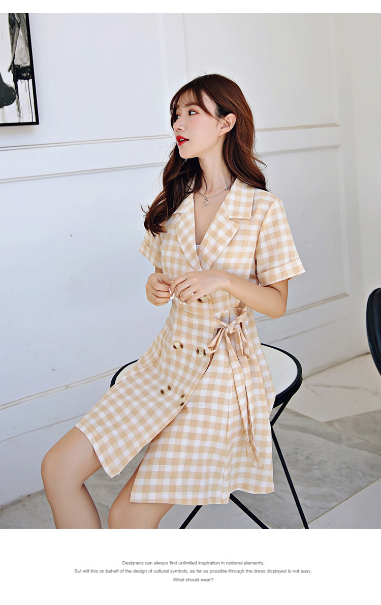 VK旗艦店 韓系復古雙排扣西裝裙氣質格子短袖洋裝
