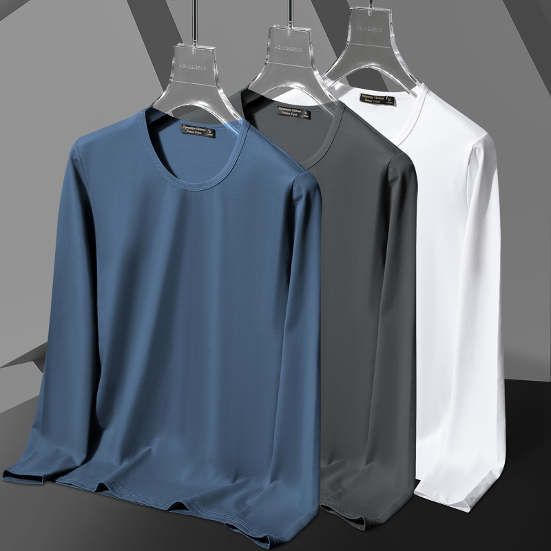 Long-Sleeved T-Shirt for Men, Thin Solid Color Modal Cotton, Spring and Autumn Round Neck Casual Thin Base Shirt, Men's Top
