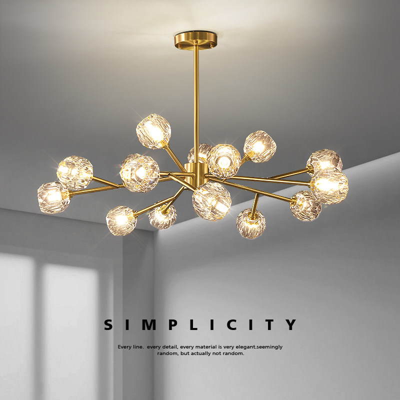 Full Copper Crystal Chandelia Minimalist Modern Atmosphere Light Lavish Livingroom Lighting Suit Nordic Luminaire Combo Full House Package