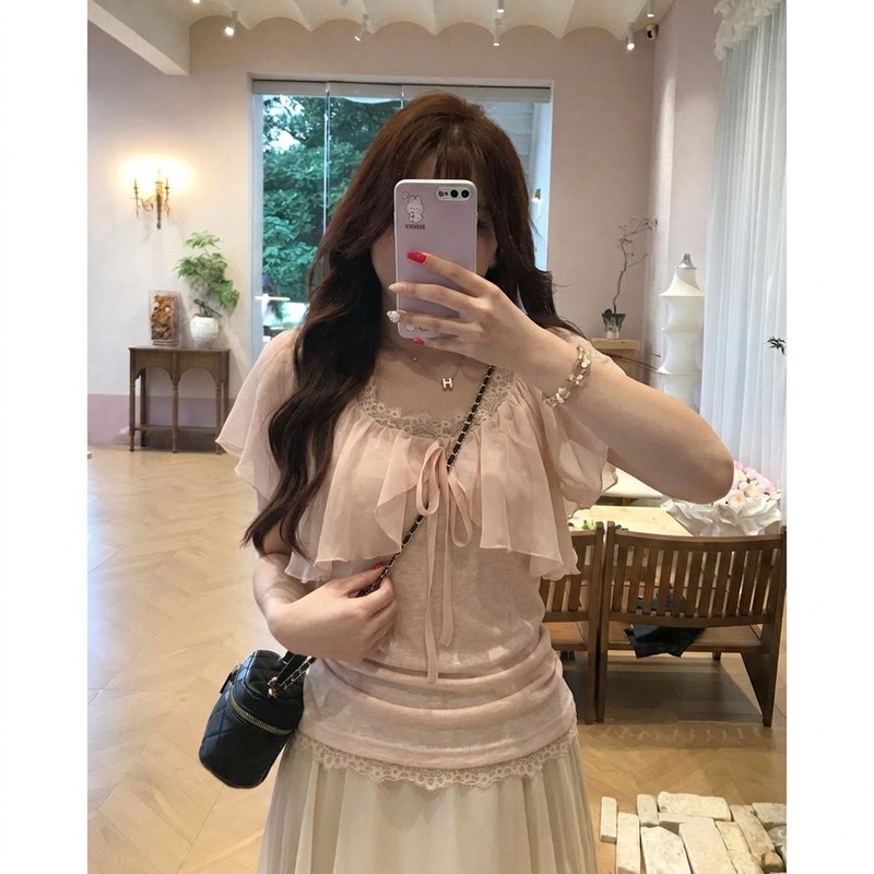 Plus-Size Hot Girl Style Lace Trim Patchwork Short-Sleeve T-Shirt for Women, Summer Slimming Ruffle Sleeve Tie-Up Top for Chubby Girls ins Plus-Size Hot Girl Style Lace Trim Patchwork Short-Sleeve T-Shirt for Women, Summer Slimming Ruffle Sleeve Tie-Up Top for Chubby Girls ins
