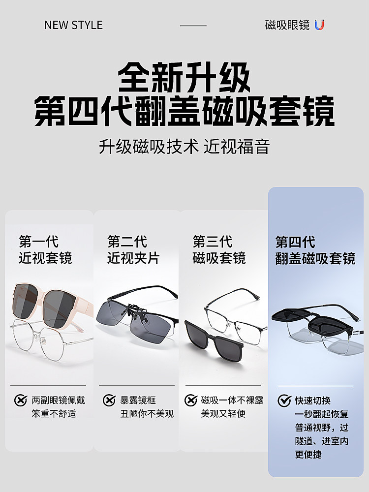 Flip-Top Three-In-One Ultra-Light Pure Titanium Myopia Magnetic Glasses for Men, Can Be Equipped with Prescription Sunglasses Frame and Polarized Clip-On Lenses