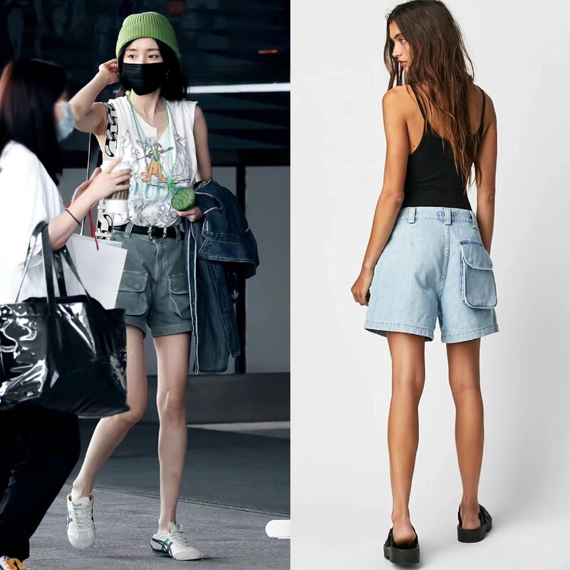 2025 Spring New European and American Agolde Style Yang Mi Army Green High-Waisted Loose Accordion Pocket Cargo Denim Shorts