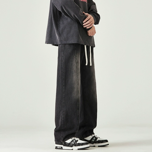 Джинсы, осенние весенние штаны, в американском стиле, свободный прямой крой, эластичная талия, в корейском стиле