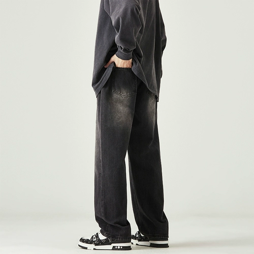 Джинсы, осенние весенние штаны, в американском стиле, свободный прямой крой, эластичная талия, в корейском стиле