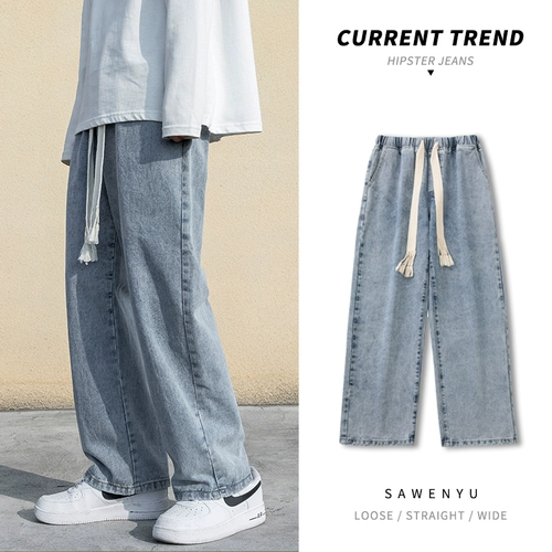 Зимние джинсы, штаны, эластичная талия, свободный прямой крой, в американском стиле