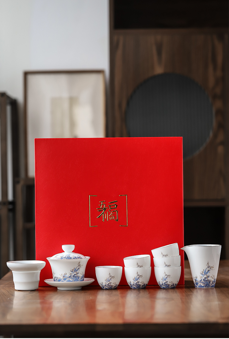 Three thousand Chinese kung fu tea set tea village household white porcelain tea set contracted and I tureen tea cups of a complete set of gift box