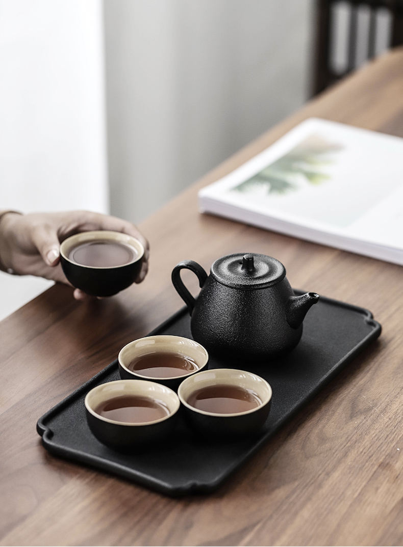 Three thousand ceramic tea village household kung fu tea sets tea tray was Japanese black pottery teapot dry plate of small tea cups