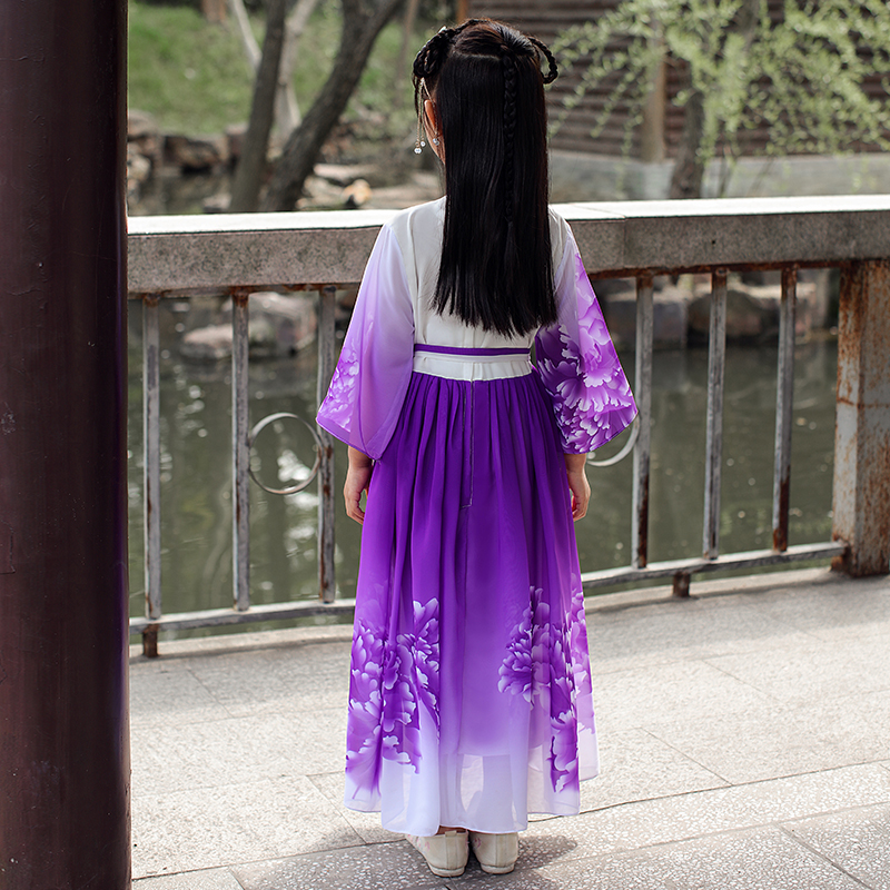 cô gái váy Trung Quốc trẻ em cổ váy siêu cổ tích màu tím Trung Quốc phong cách váy cổ tích chảy dài tay Tang chiếc váy mùa hè váy.