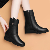 Genuine Leather Boots Daughter mid-cylinder boots 2021 New spring fall Womens boots Mom Bull Leather Slopes Heel Women Shoes Martin boots