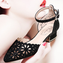 Womens sandals 2021 summer new rhinestone Joker Pointy Single Shoes Womens Baotou Hollow Heel Flat Heel Mother Shoes