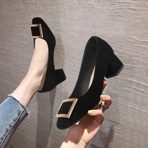 Single shoes womens middle heel lad shoes 2021 new black leather shoes shallow square suede comfortable thick heel to work high heels