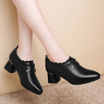 Mother leather shoes female leather thick heel comfortable 2021 new autumn black middle-aged womens single shoes