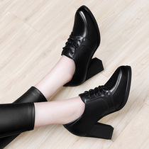 Leather black leather shoes womens shoes 2021 new spring occupation thick heel soft leather middle-aged mother to work high heels