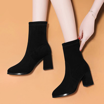 Socks Boots Woman Spring Autumn High Heels Heels 2021 New Fashion 100 Hitch Black Suede Black Suede Stretch Slim Boots