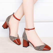 Baotou sandals womens shoes 2021 new versatile middle heel spring and summer word buckle belt thick heel high heels womens shoes