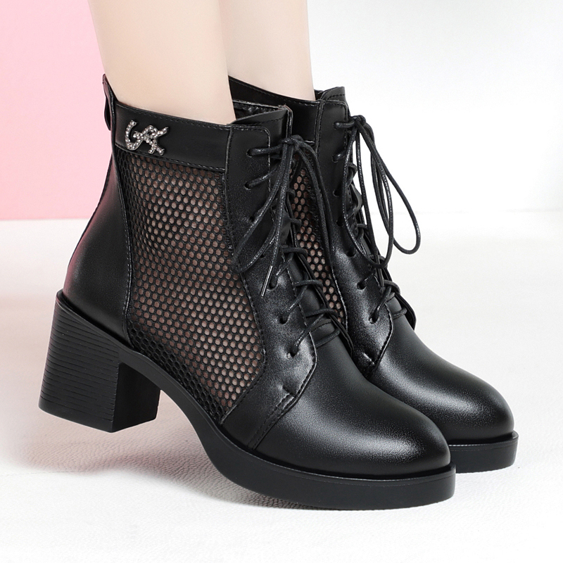 New Style Genuine Leather Mesh Boots for Women, Summer Hollow Mesh Sandals, Large Size Chunky High Heels, Spring and Autumn Breathable Martin Boots