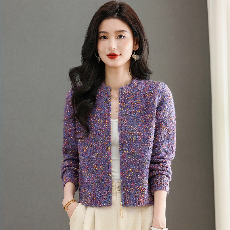 Clearance Discount Wool Sweater Short Style Women's Autumn and Winter New Round Neck Colorful Zipper Cardigan Knit Jacket