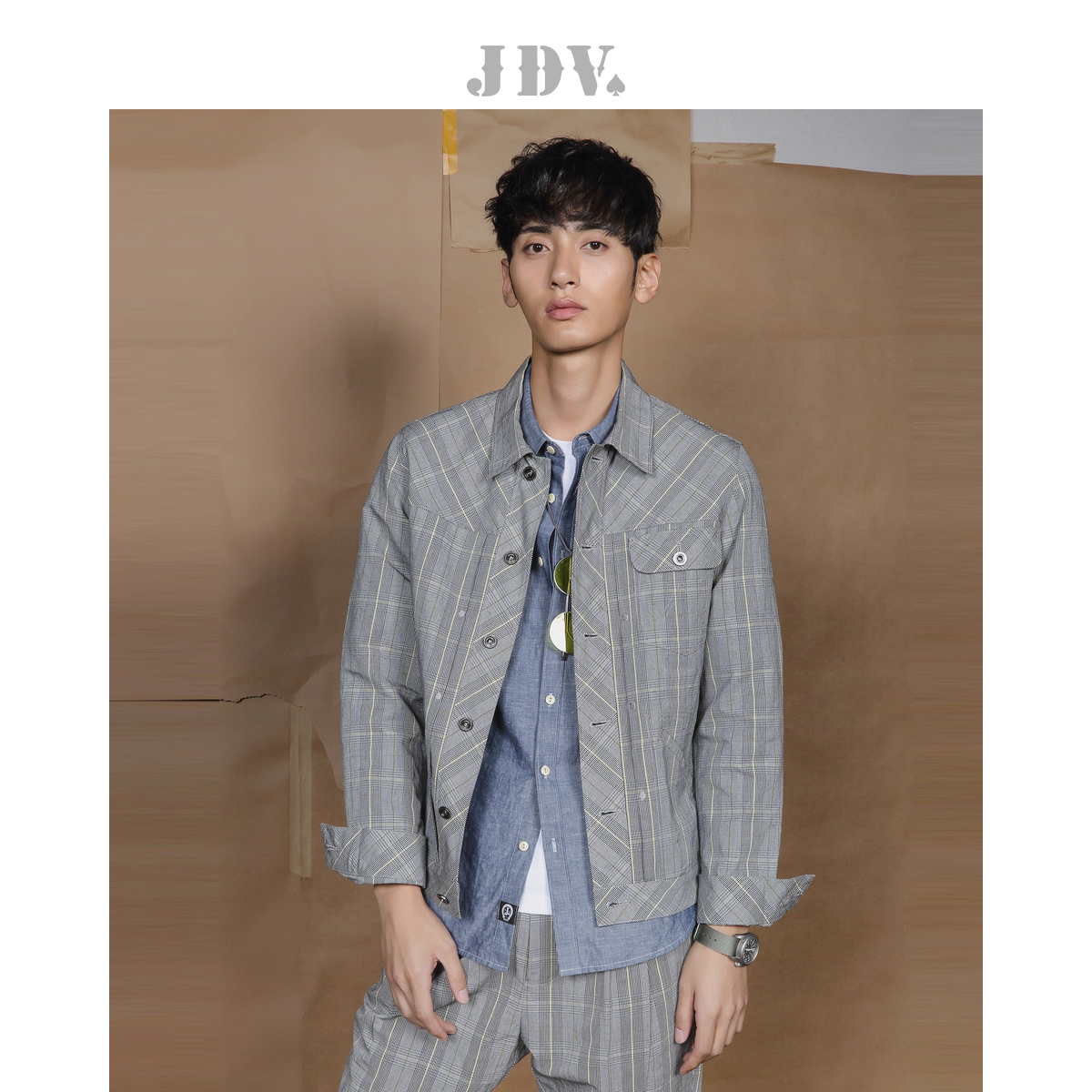 2020 mùa xuân Mall JDV nam với màu xám twill áo khoác Jacket SJK0410GRY của nam giới.