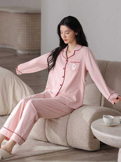 Pure cotton pajamas for women in spring and autumn, skin-friendly and breathable cardigan long-sleeved trousers that can be worn outside home clothes set 2025 new style