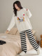 Pajamas for women in winter, thickened with velvet, warm and cold-resistant, can be worn outside, cute cartoon round neck, long-sleeved home clothes set