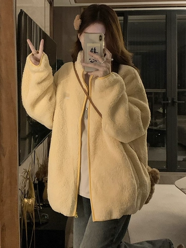 Желтая шерстяная весенняя осенняя корейская элитная куртка, 2025 года, увеличенная толщина