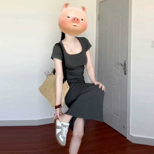 Летний приталенный корсет для отдыха, футболка, небольшая дизайнерская длинная юбка, квадратный вырез