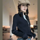 Ретро черный кардиган с молнией, свитер, куртка, весенний короткий лонгслив, в американском стиле, облегающий крой