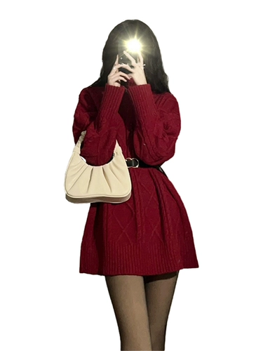 Красная демисезонная рубашка, шерстяное платье, свободный крой, облегающий крой