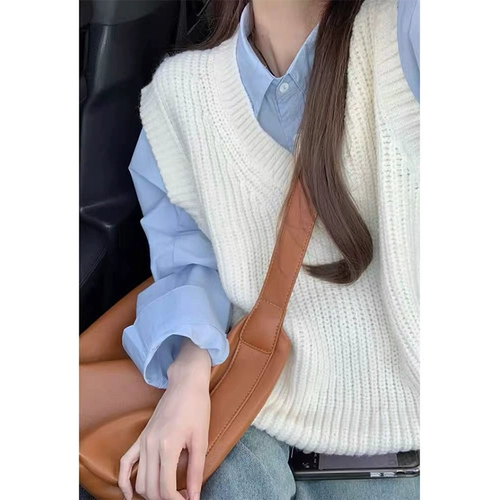 Синяя рубашка, жилет, весенний дизайнерский комплект, тренд сезона, французский стиль