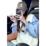 Синяя рубашка, жилет, весенний дизайнерский комплект, тренд сезона, французский стиль