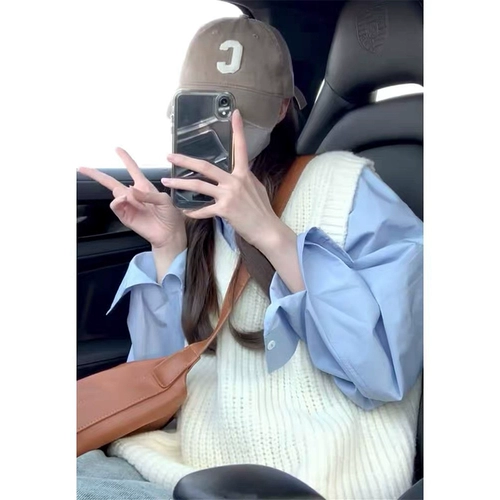 Синяя рубашка, жилет, весенний дизайнерский комплект, тренд сезона, французский стиль