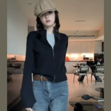 Ретро черный кардиган с молнией, свитер, куртка, весенний короткий лонгслив, в американском стиле, облегающий крой