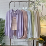 Лонгслив, комплект, одежда для защиты от солнца, осенняя синяя рубашка, французский стиль, эффект подтяжки, свободный крой