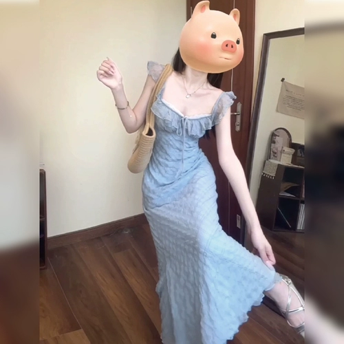 Синий летний гаечный ключ, базовая приталенная длинная юбка, эффект подтяжки, подходит для подростков, французский стиль