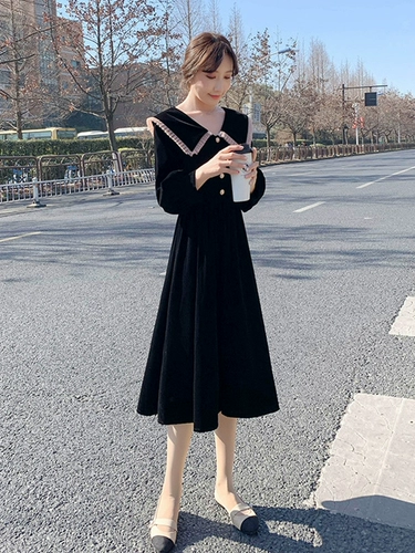 Черная кукла, бархатный лонгслив, осенняя, стиль, кукольный воротник