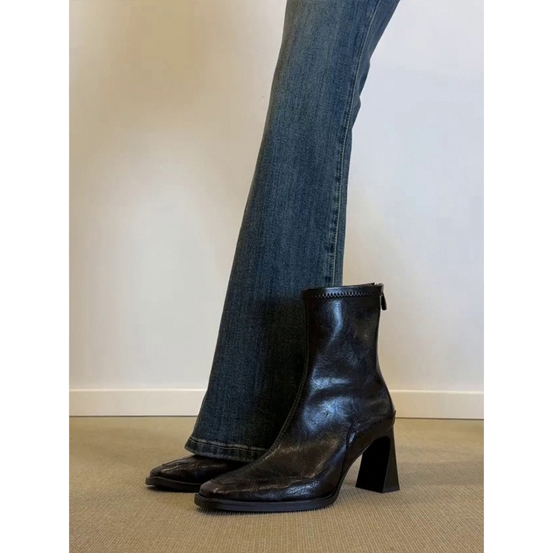 Sheepskin Version ~ Genuine Leather Square-Toe French Short Boots for Women, High Heels, 2026 New Style, Chunky Heel Martin Boots, Stretchy Slim Boots