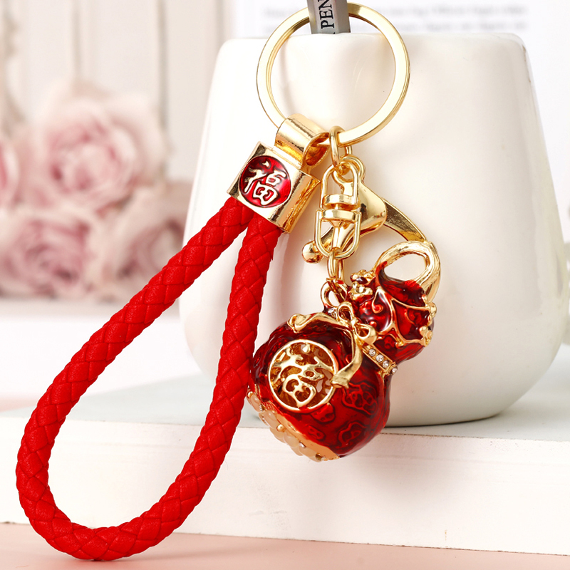 Chinese-Style Fortune-Enhancing Rhinestone Gourd Car Keychain for Women, Cute Korean Creative Bag Pendant, Lucky Rope Keychain