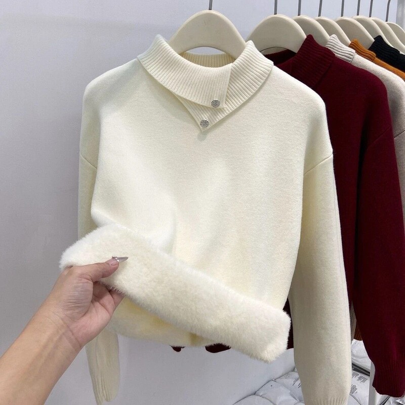 Fleece-Lined Half-Turtleneck Slim-Fit Base Shirt for Women, High-End Integrated Fleece Warm Inner Layer, New Autumn and Winter Style, Turn-Down Collar Knit Top Fleece-Lined Half-Turtleneck Slim-Fit Base Shirt for Women, High-End Integrated Fleece Warm Inner Layer, New Autumn and Winter Style, Turn-Down Collar Knit Top
