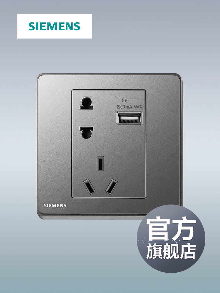 Siemens switch socket Ruizhi aurora gray 10A five-hole with USB socket official flagship store