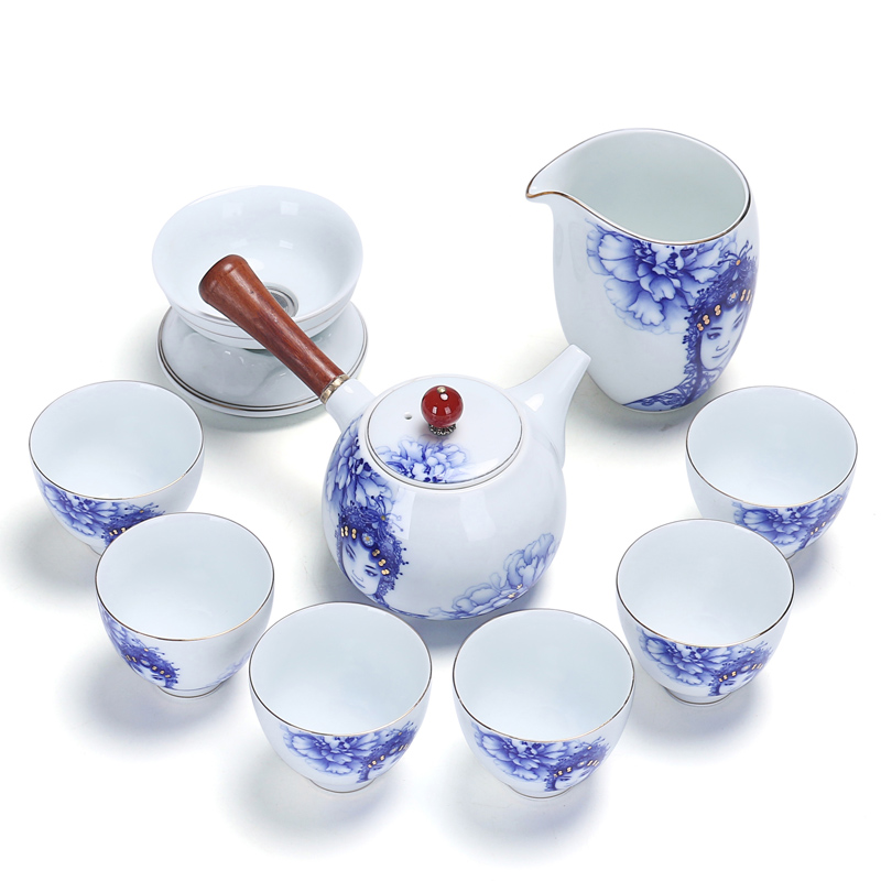 The whole household ceramics kung fu tea art tureen tea cups to wash to The see colour white porcelain Peking Opera blue and white porcelain tea set