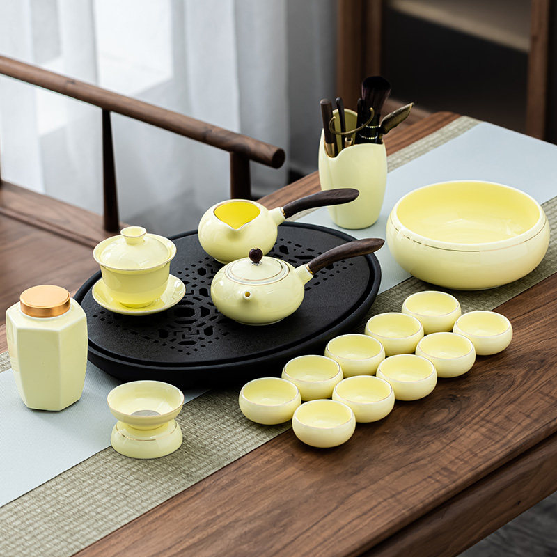 Tracing gold suet jade gemstone yellow ceramic kung fu tea set simple household complete set cover bowl teapot teacup tea tray