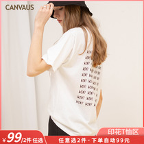 European and American street womens clothing white printed short sleeves T-shirt female round collar loose pure cotton Korean tie undershirt P186A