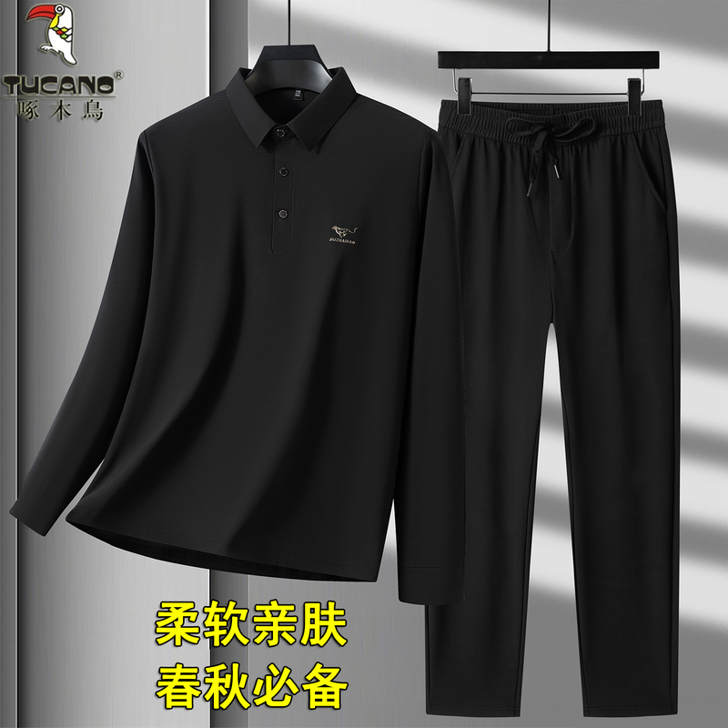 Woodpecker Men's Long-Sleeved T-Shirt Middle-Aged and Elderly Suit Spring and Autumn Polo Shirt Casual Sports Two-Piece Set Dad Outfit t